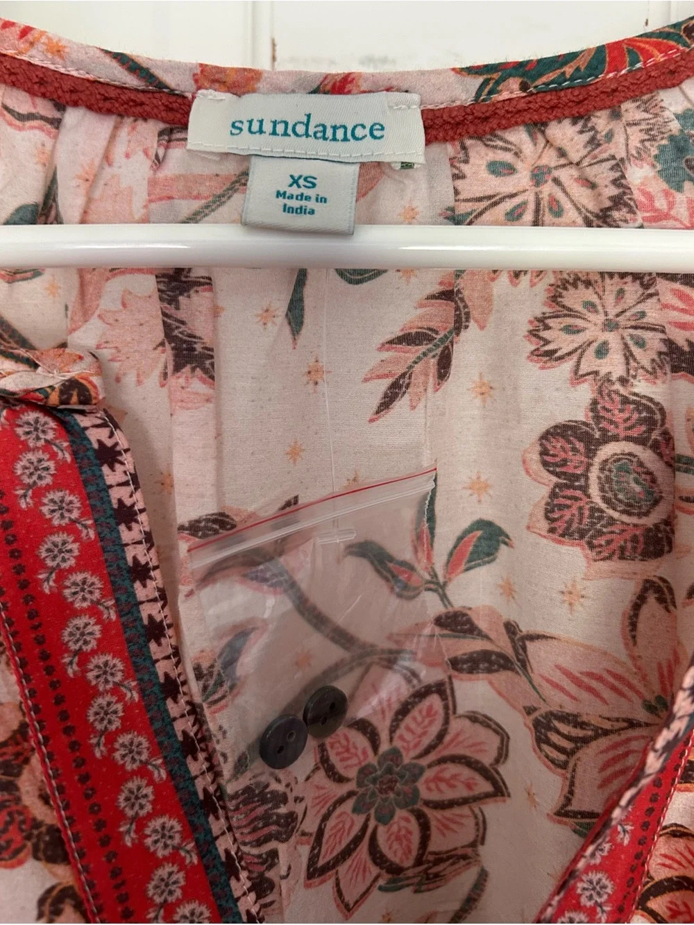 Sundance Pink Floral Peasant Blouse with Red Trim. Lightweight tunic. - Picture 4 of 8